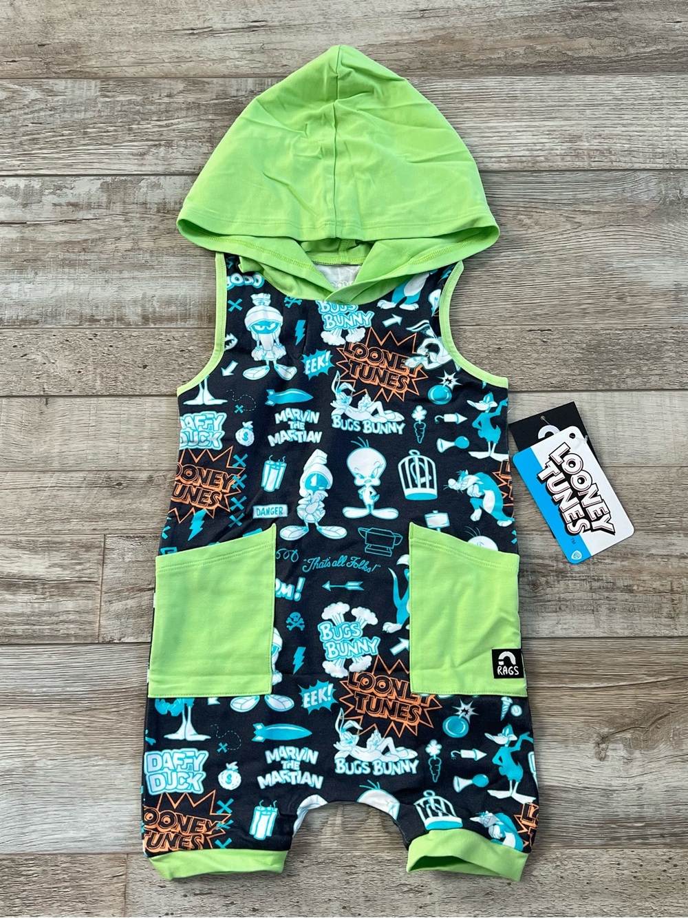 NWT Rags X Looney Tunes Hooded Hip Pocket Tank Short Romper Size 12-18 Months